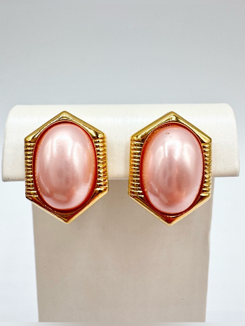 Vintage Trifari Blush Pink Faux Pearl Cabochon Gold Tone Hexagon Stud Earrings